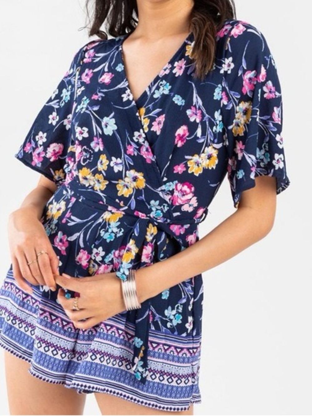 Blue Rain Navy Floral V-Neck Romper with Self Tie